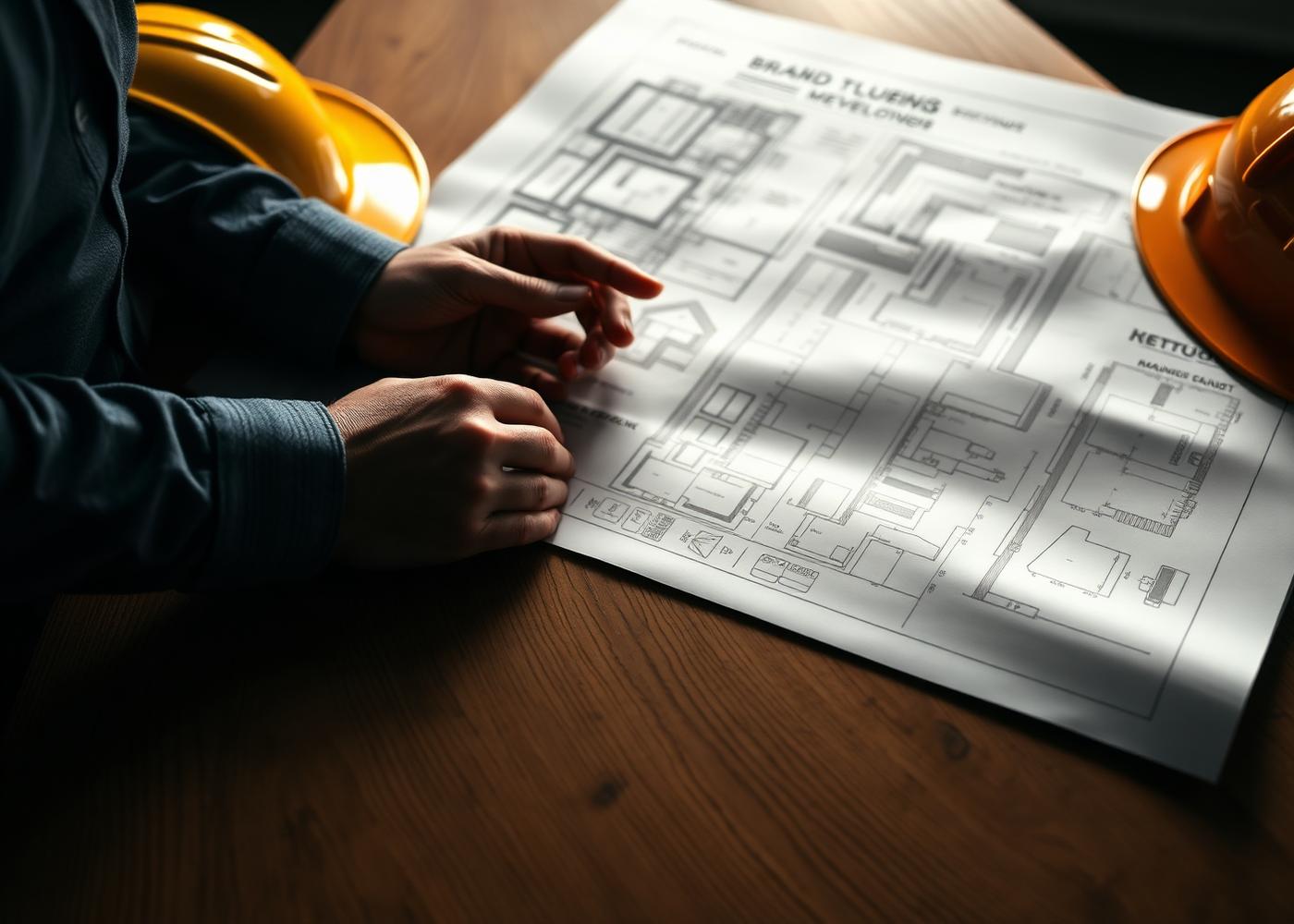 Builder reviewing architectural blueprints