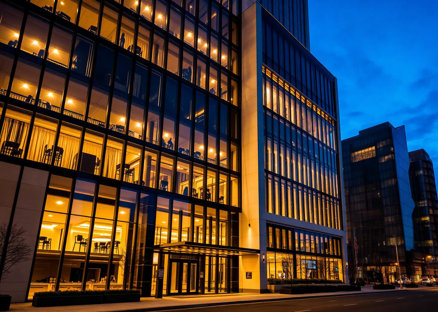 Modern luxury commercial mid-rise at dusk